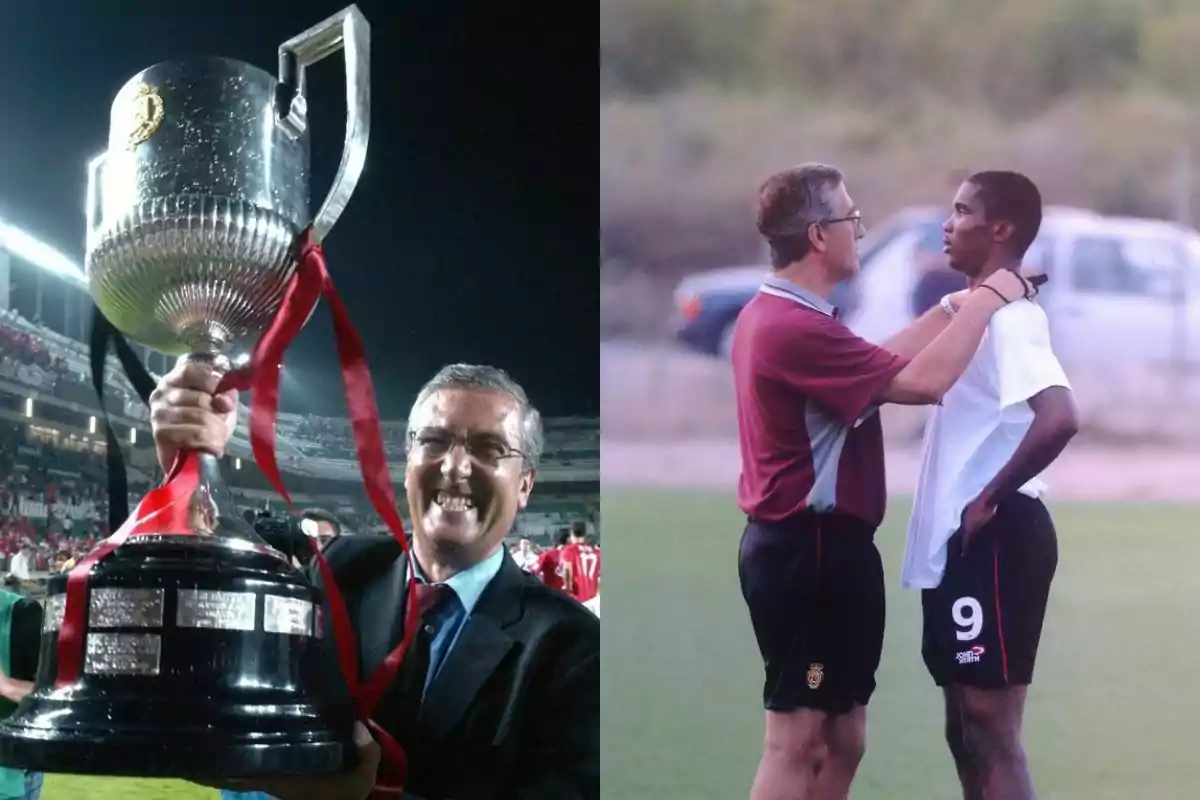 Un entrenador de fútbol sonríe mientras sostiene un trofeo en un estadio lleno de aficionados y en otra imagen aparece conversando con un jugador en un campo de entrenamiento Un entrenador de fútbol sonríe mientras sostiene un trofeo en un estadio lleno de aficionados y en otra imagen aparece conversando con un jugador en un campo de entrenamiento