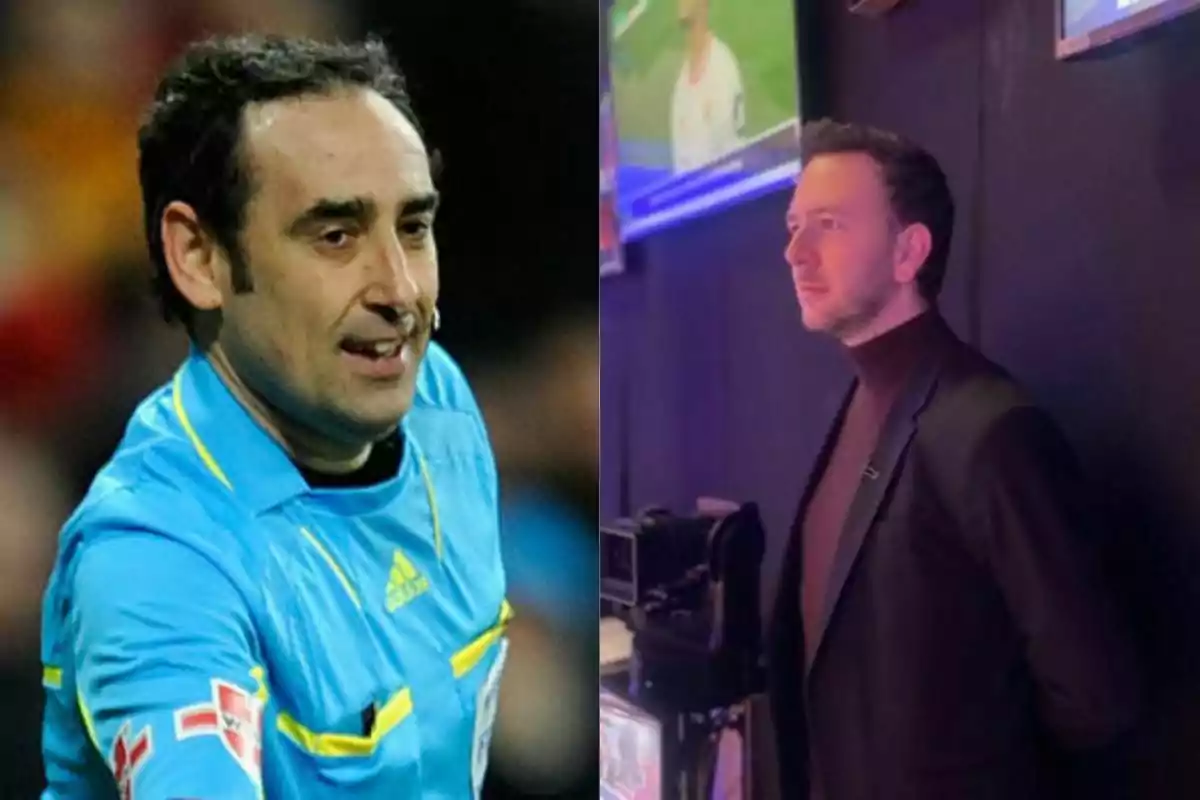 Dos hombres, uno vestido de árbitro de fútbol con uniforme azul y otro con saco oscuro y suéter de cuello alto, están en diferentes ambientes Dos hombres, uno vestido de árbitro de fútbol con uniforme azul y otro con saco oscuro y suéter de cuello alto, están en diferentes ambientes