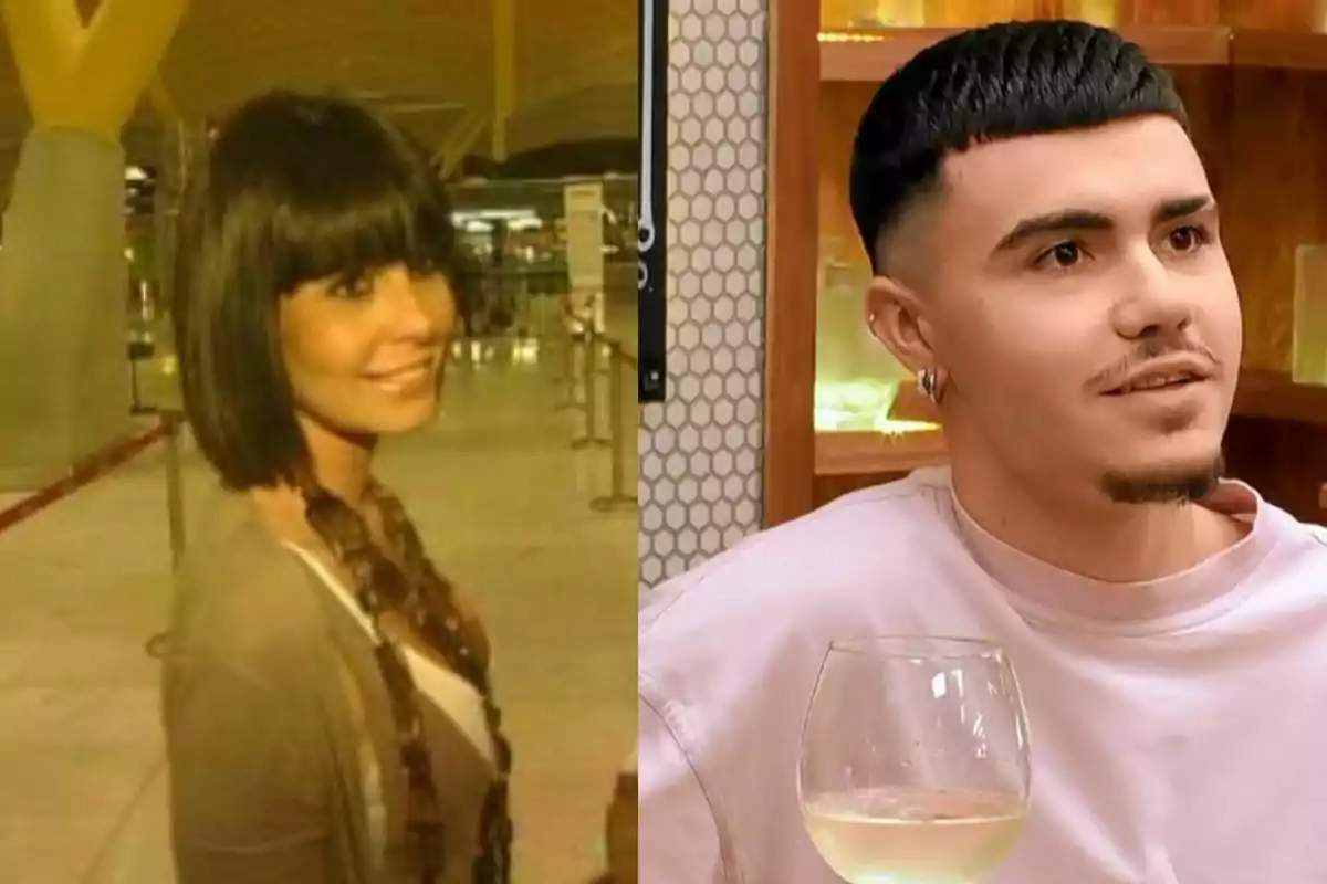 Dos personas posando en diferentes lugares, una mujer con cabello corto y flequillo en un ambiente interior y un hombre con barba y copa de vino en la mano en un restaurante Dos personas posando en diferentes lugares, una mujer con cabello corto y flequillo en un ambiente interior y un hombre con barba y copa de vino en la mano en un restaurante