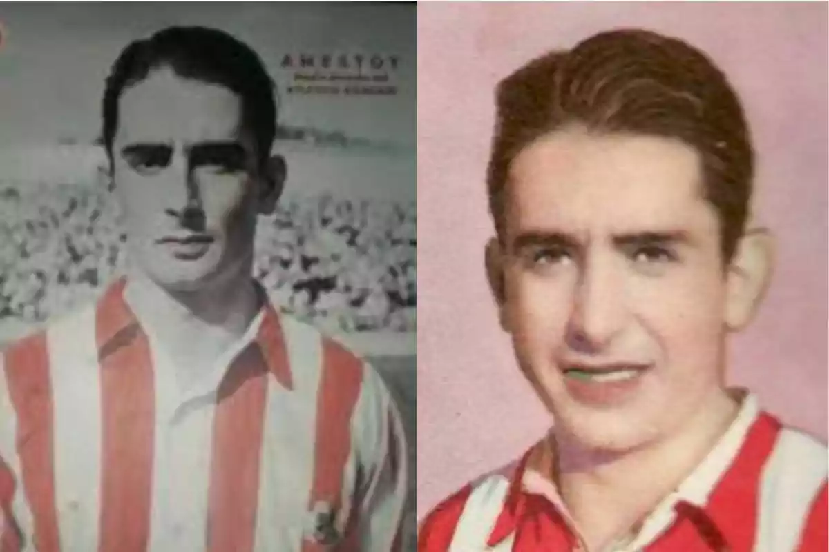 Dos fotografías antiguas de un futbolista con camiseta de rayas rojas y blancas una en blanco y negro y otra a color Dos fotografías antiguas de un futbolista con camiseta de rayas rojas y blancas una en blanco y negro y otra a color