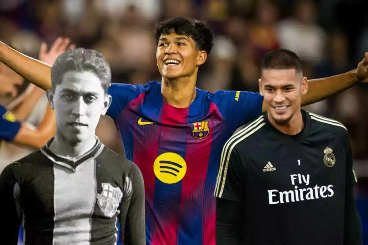 Tres futbolistas posan juntos, uno con uniforme antiguo del Barcelona en blanco y negro, otro con uniforme moderno del Barcelona y el tercero con uniforme negro del Real Madrid