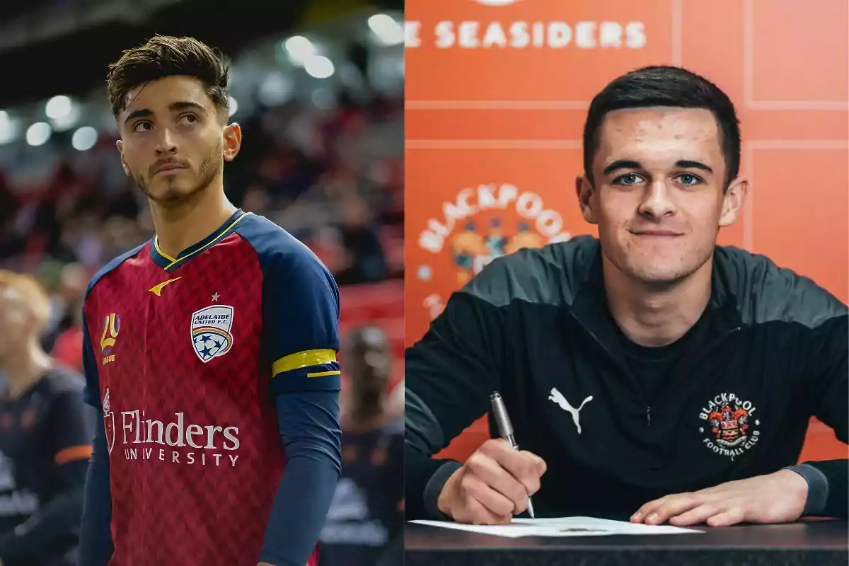 Dos jóvenes futbolistas, uno con uniforme rojo de Adelaide United en un estadio y otro firmando un documento con ropa de Blackpool Football Club frente a un fondo naranja Dos jóvenes futbolistas, uno con uniforme rojo de Adelaide United en un estadio y otro firmando un documento con ropa de Blackpool Football Club frente a un fondo naranja