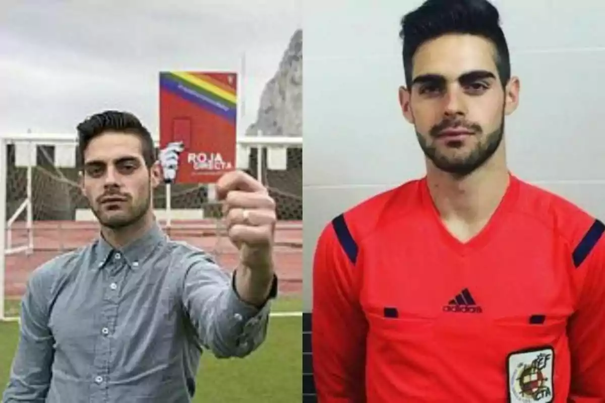 Dos fotos de un hombre joven, en la primera sostiene una tarjeta roja con una franja arcoíris en un campo de fútbol y en la segunda viste un uniforme de árbitro rojo. Dos fotos de un hombre joven, en la primera sostiene una tarjeta roja con una franja arcoíris en un campo de fútbol y en la segunda viste un uniforme de árbitro rojo.