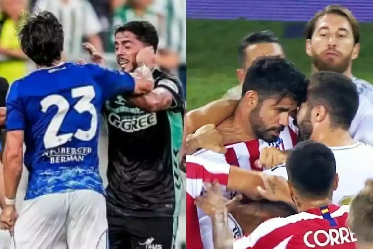 Dos escenas de jugadores de fútbol discutiendo y empujándose durante un partido Dos escenas de jugadores de fútbol discutiendo y empujándose durante un partido