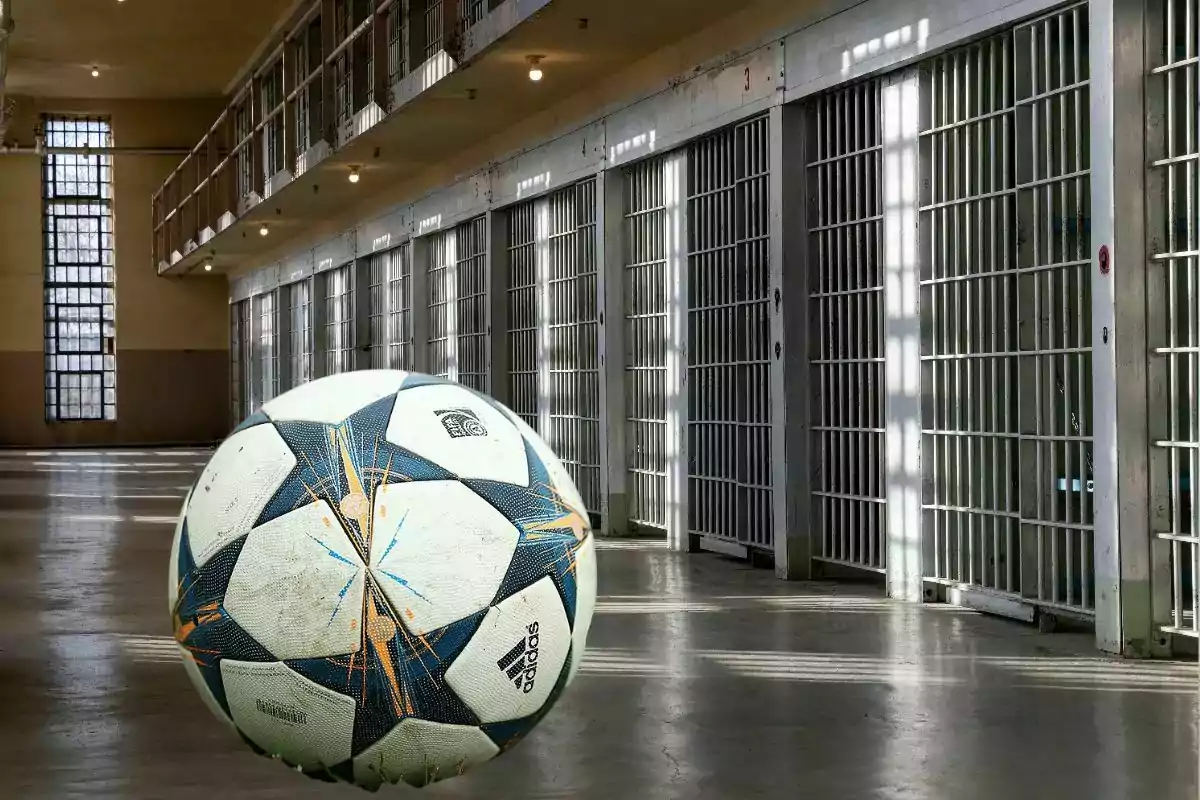 Un balón de fútbol en el pasillo de una prisión con celdas al fondo Un balón de fútbol en el pasillo de una prisión con celdas al fondo