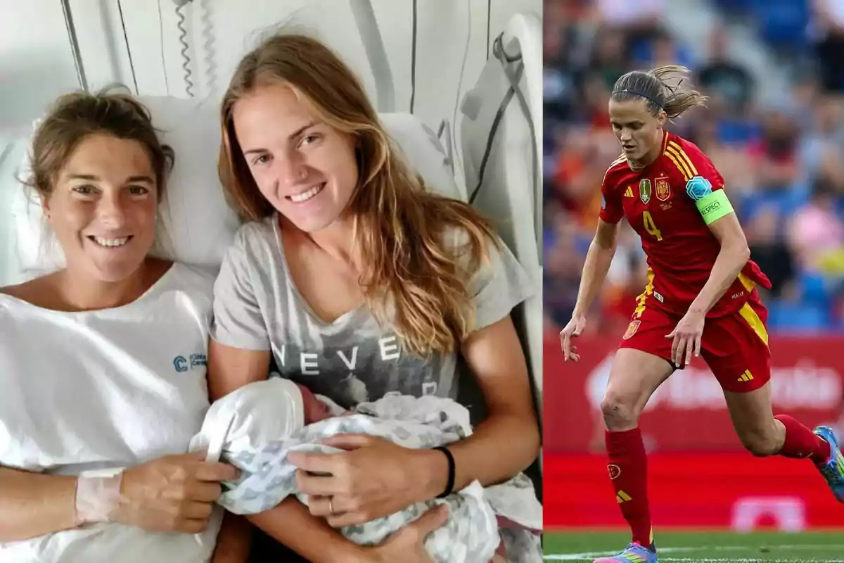 Dos mujeres sonríen en una cama de hospital mientras una de ellas sostiene a un bebé envuelto en una manta y junto a esta imagen aparece una jugadora de fútbol con uniforme rojo en pleno partido Dos mujeres sonríen en una cama de hospital mientras una de ellas sostiene a un bebé envuelto en una manta y junto a esta imagen aparece una jugadora de fútbol con uniforme rojo en pleno partido