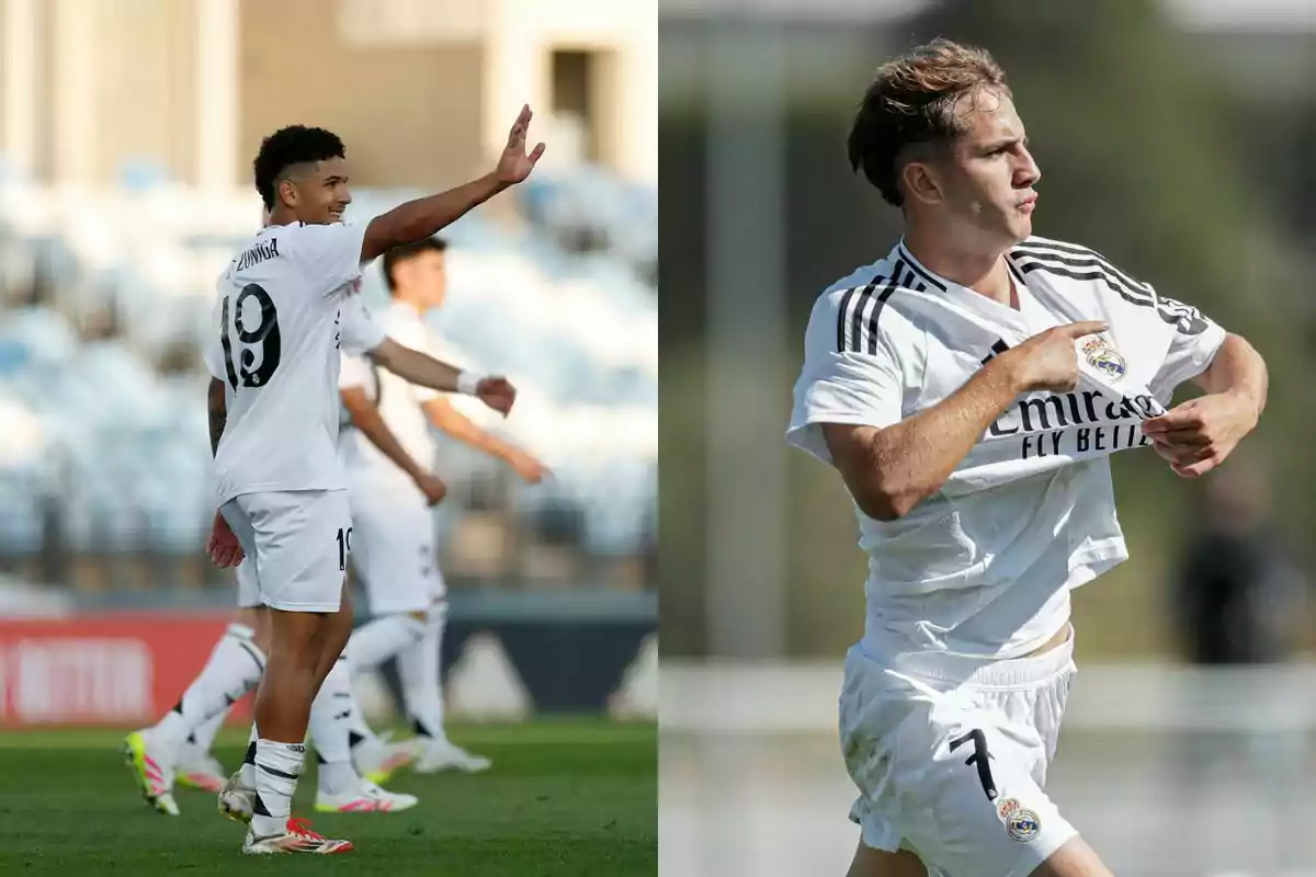 Dos futbolistas jóvenes del Real Madrid celebran durante un partido, uno levantando la mano y otro señalando el escudo de su camiseta Dos futbolistas jóvenes del Real Madrid celebran durante un partido, uno levantando la mano y otro señalando el escudo de su camiseta