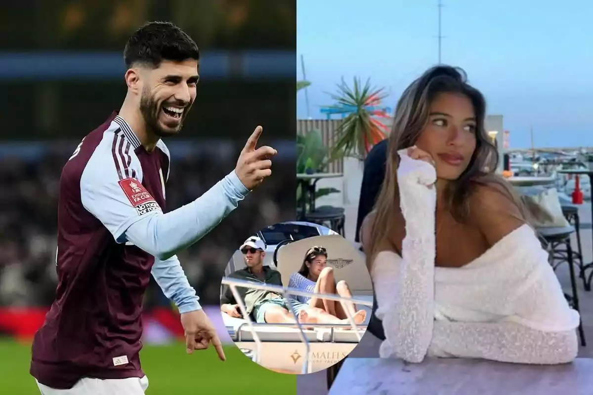 Un futbolista sonriente con uniforme granate y celeste aparece a la izquierda, a la derecha una mujer con cabello largo y suelto posa en una terraza junto al mar, en el centro hay un recuadro circular mostrando a una pareja relajándose en un yate