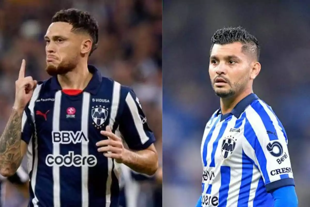 Dos futbolistas con uniforme de Rayados de Monterrey posan en la cancha durante un partido Dos futbolistas con uniforme de Rayados de Monterrey posan en la cancha durante un partido