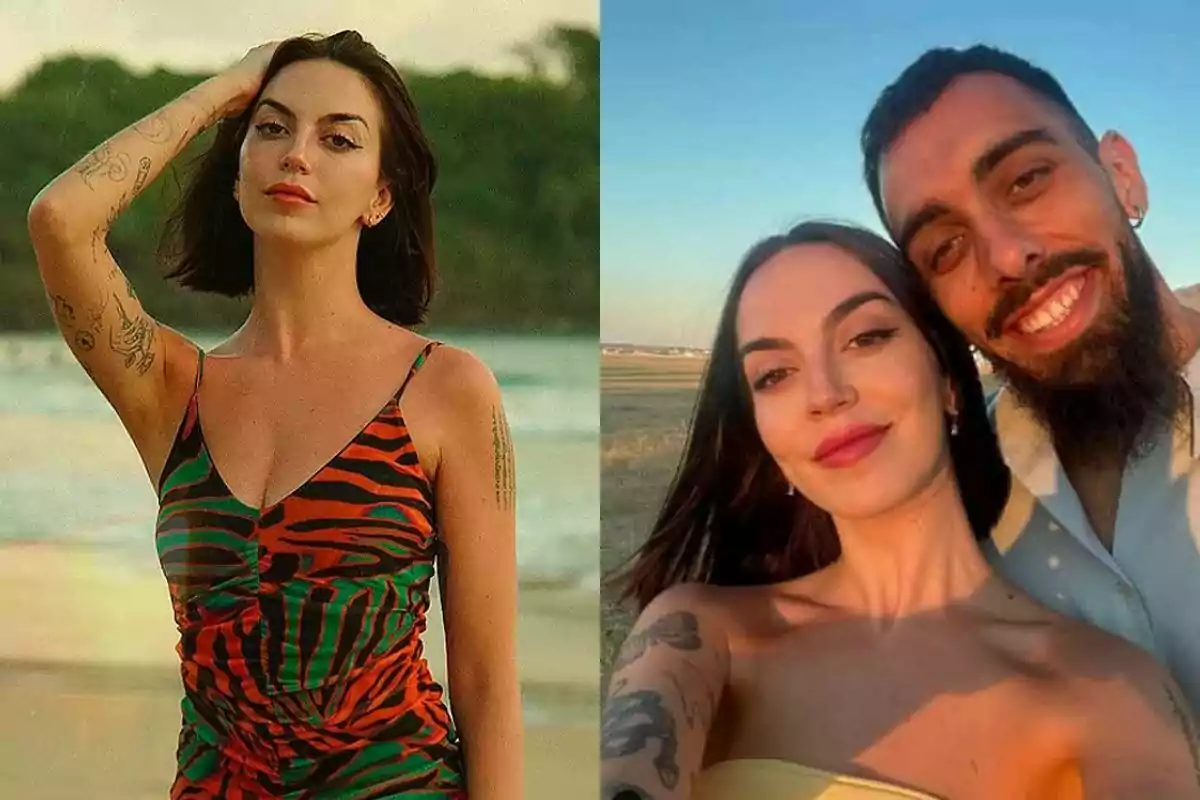 Mujer de cabello oscuro y corto con tatuajes en el brazo posando en la playa y en otra foto sonríe junto a un hombre con barba al aire libre