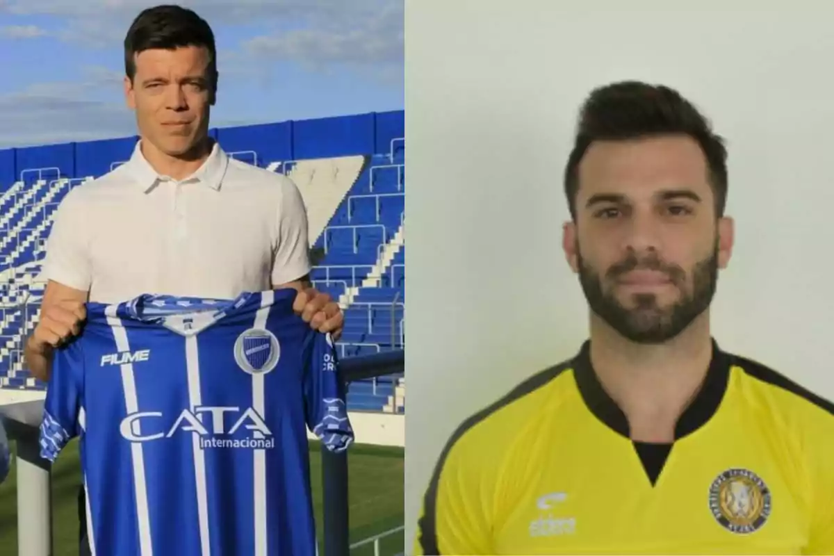 Dos hombres posan con camisetas de equipos de fútbol, uno con una camiseta azul y el otro con una camiseta amarilla. Dos hombres posan con camisetas de equipos de fútbol, uno con una camiseta azul y el otro con una camiseta amarilla.
