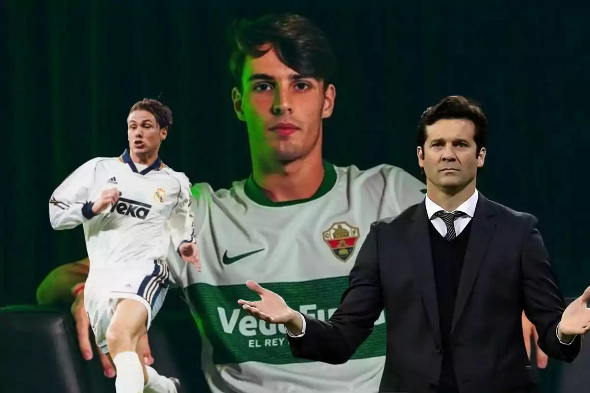Tres hombres aparecen en la imagen, uno con uniforme del Real Madrid, otro con traje y el tercero al centro con camiseta del Elche.