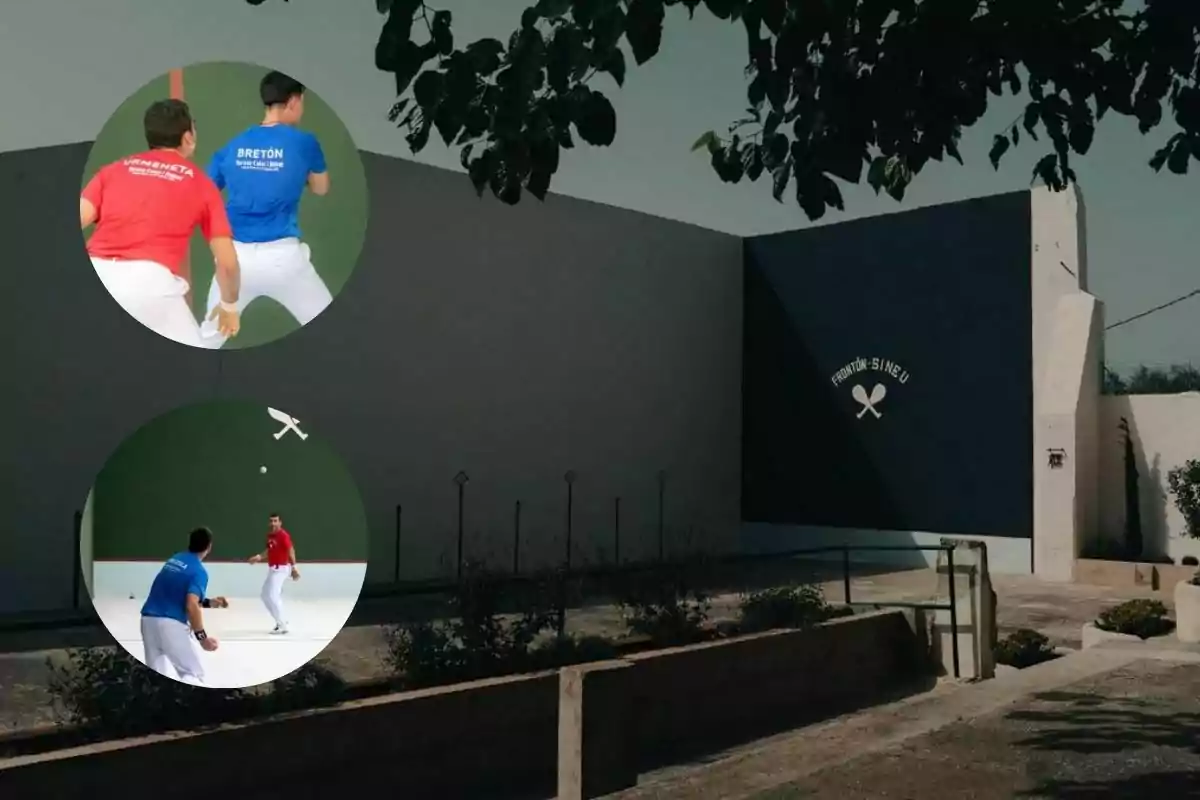 Fachada de un frontón con el nombre Frontón Sineu y dos recuadros circulares mostrando a jugadores de pelota vasca en acción, uno con camiseta azul y otro con camiseta roja