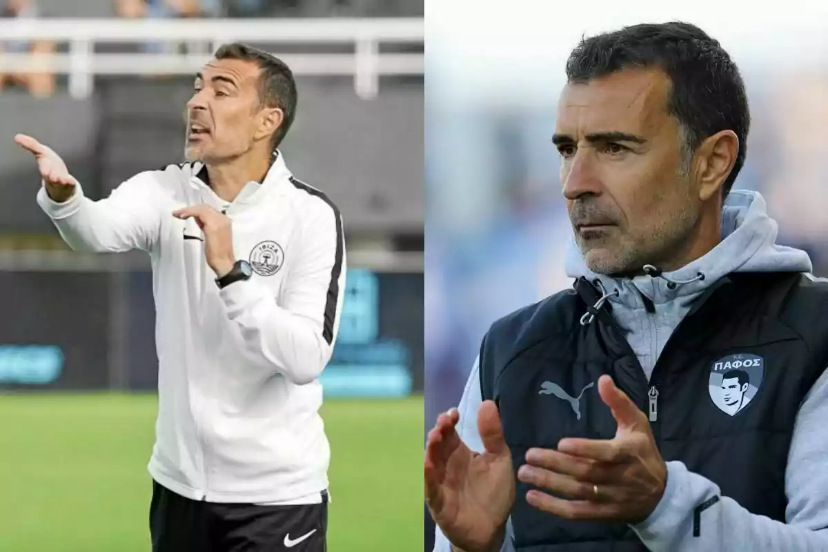Dos imágenes de un entrenador de fútbol en diferentes momentos, en la primera está dando indicaciones en el campo y en la segunda aparece aplaudiendo con expresión seria. Dos imágenes de un entrenador de fútbol en diferentes momentos, en la primera está dando indicaciones en el campo y en la segunda aparece aplaudiendo con expresión seria.