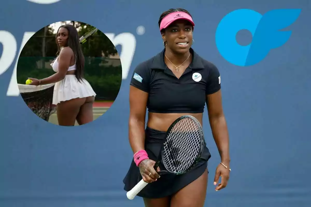 Tenista afrodescendiente en la cancha con raqueta y visera rosa junto a un recuadro circular que muestra a la misma mujer posando en ropa deportiva blanca junto a una red de tenis