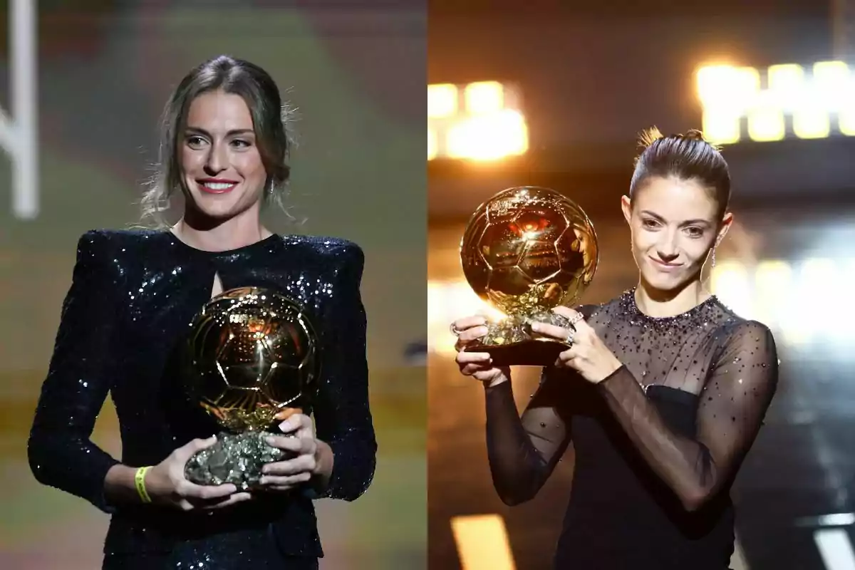 Dos mujeres con vestidos elegantes sostienen un trofeo dorado en forma de balón en un evento de premiación. Dos mujeres con vestidos elegantes sostienen un trofeo dorado en forma de balón en un evento de premiación.