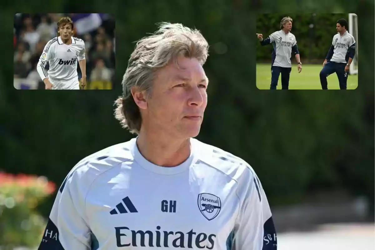 Hombre con uniforme de entrenamiento del Arsenal en primer plano con dos imágenes pequeñas en la parte superior mostrando a la misma persona jugando fútbol y conversando en un campo de entrenamiento