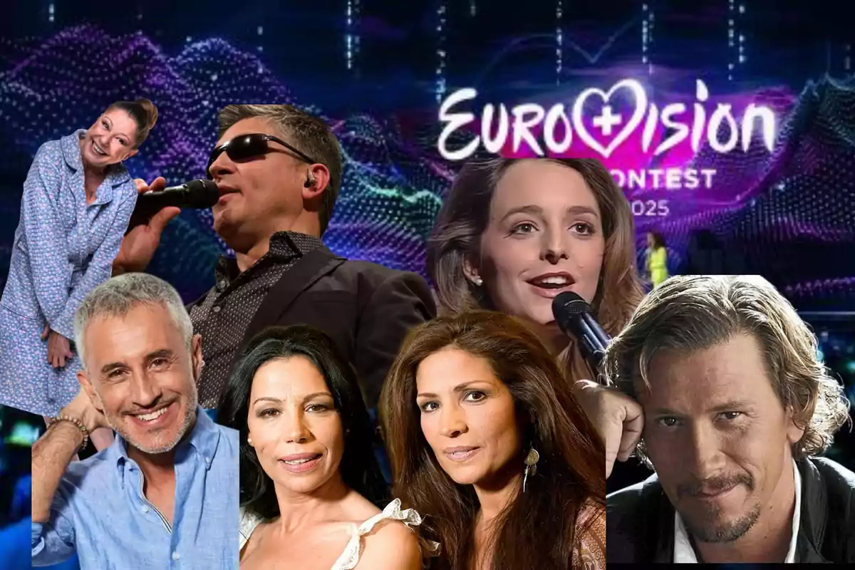 Montaje de varias personas famosas frente a un fondo del festival de Eurovisión 2025