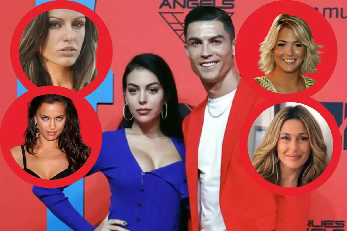 Pareja posando en una alfombra roja con cinco rostros de mujeres enmarcados en círculos rojos alrededor de ellos