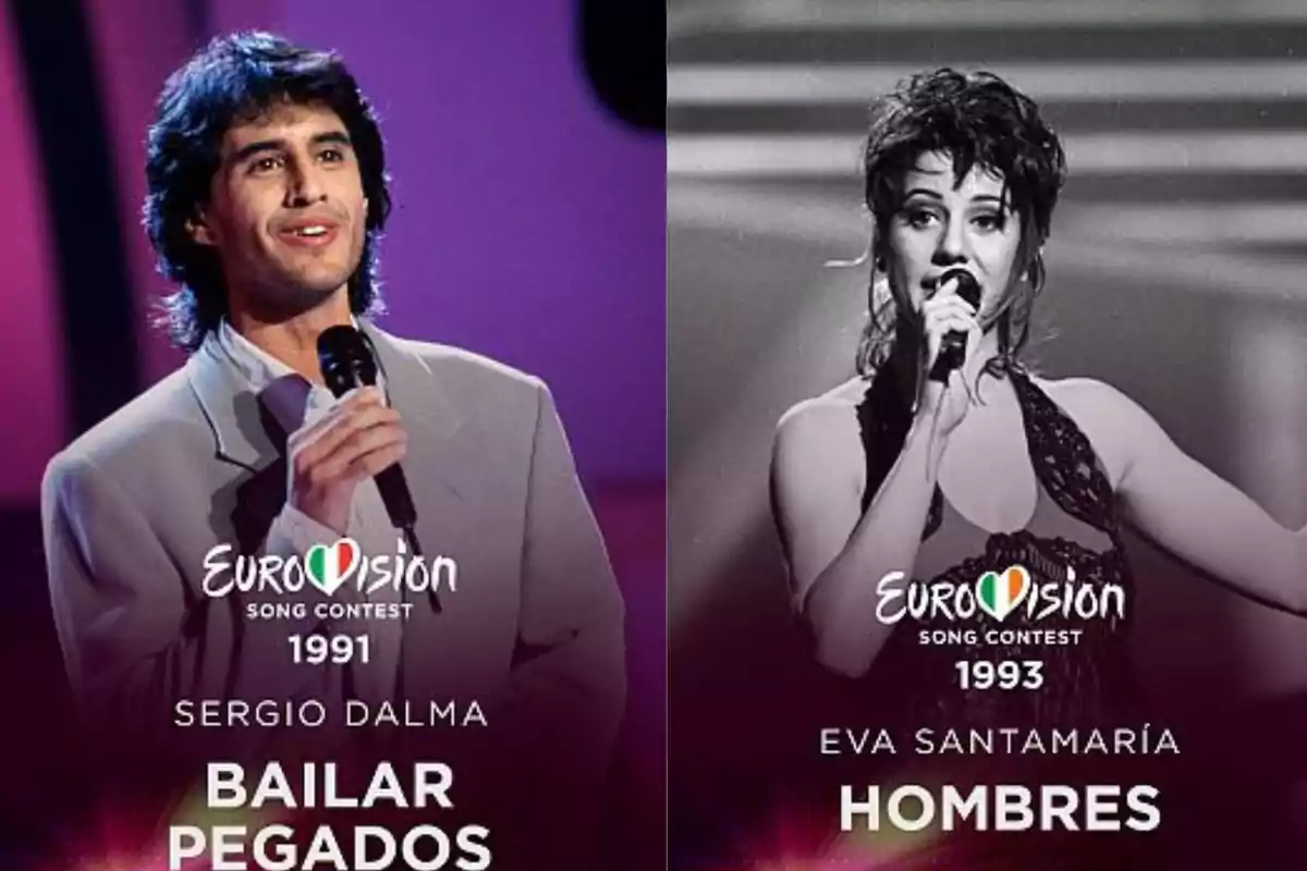 Imagen dividida en dos partes mostrando a Sergio Dalma en el Festival de Eurovisión 1991 con la canción Bailar Pegados y a Eva Santamaría en el Festival de Eurovisión 1993 con la canción Hombres Imagen dividida en dos partes mostrando a Sergio Dalma en el Festival de Eurovisión 1991 con la canción Bailar Pegados y a Eva Santamaría en el Festival de Eurovisión 1993 con la canción Hombres