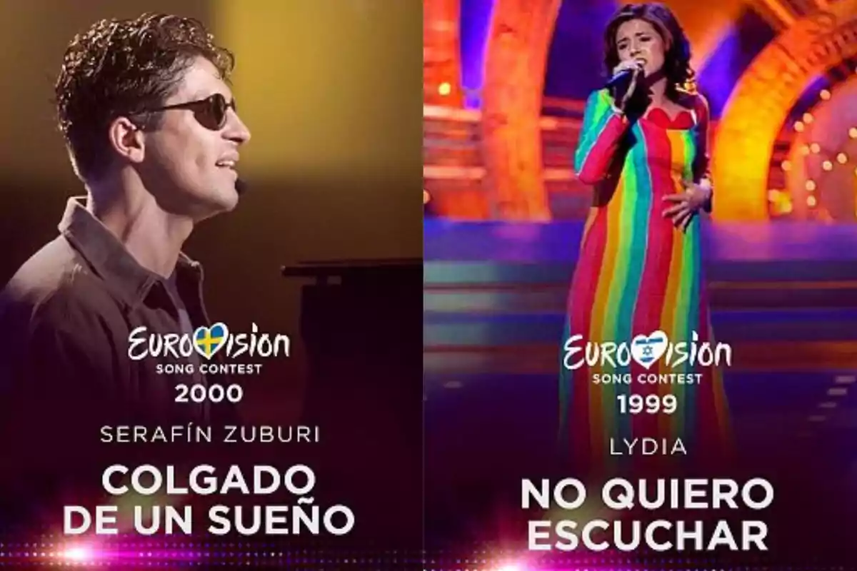 Imagen dividida en dos partes mostrando a Serafín Zubiri en el Festival de Eurovisión 2000 interpretando 
