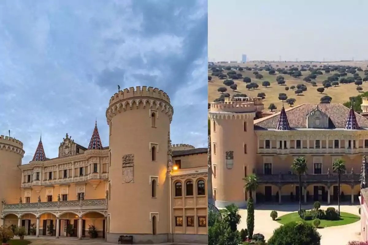 Dos vistas diferentes de un castillo de color beige con torres redondas y tejados decorativos, rodeado de vegetación y cielo despejado Dos vistas diferentes de un castillo de color beige con torres redondas y tejados decorativos, rodeado de vegetación y cielo despejado