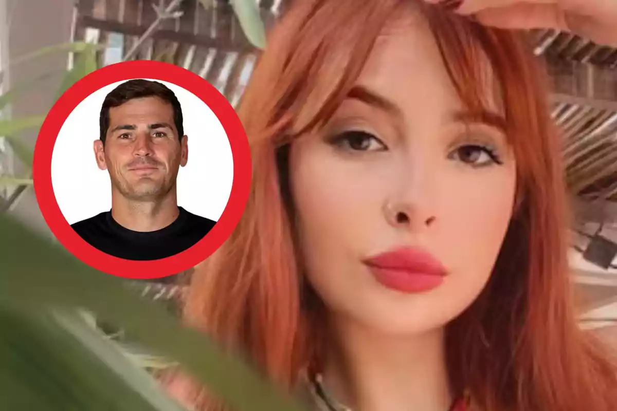 Una mujer de cabello rojo mira a la cámara mientras en la esquina izquierda aparece un recuadro circular con el retrato de un hombre.
