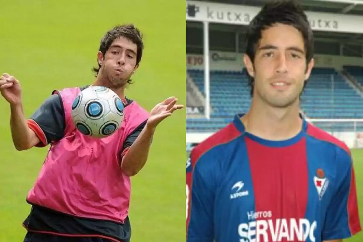 Dos fotos de un joven futbolista, en la primera está entrenando con un balón y en la segunda posa con el uniforme de su equipo en un estadio Dos fotos de un joven futbolista, en la primera está entrenando con un balón y en la segunda posa con el uniforme de su equipo en un estadio