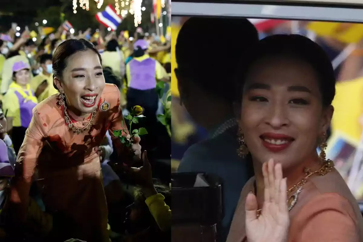 Mujer vestida con ropa tradicional sonríe y saluda a una multitud durante un evento público, sosteniendo una flor y usando joyería llamativa Mujer vestida con ropa tradicional sonríe y saluda a una multitud durante un evento público, sosteniendo una flor y usando joyería llamativa