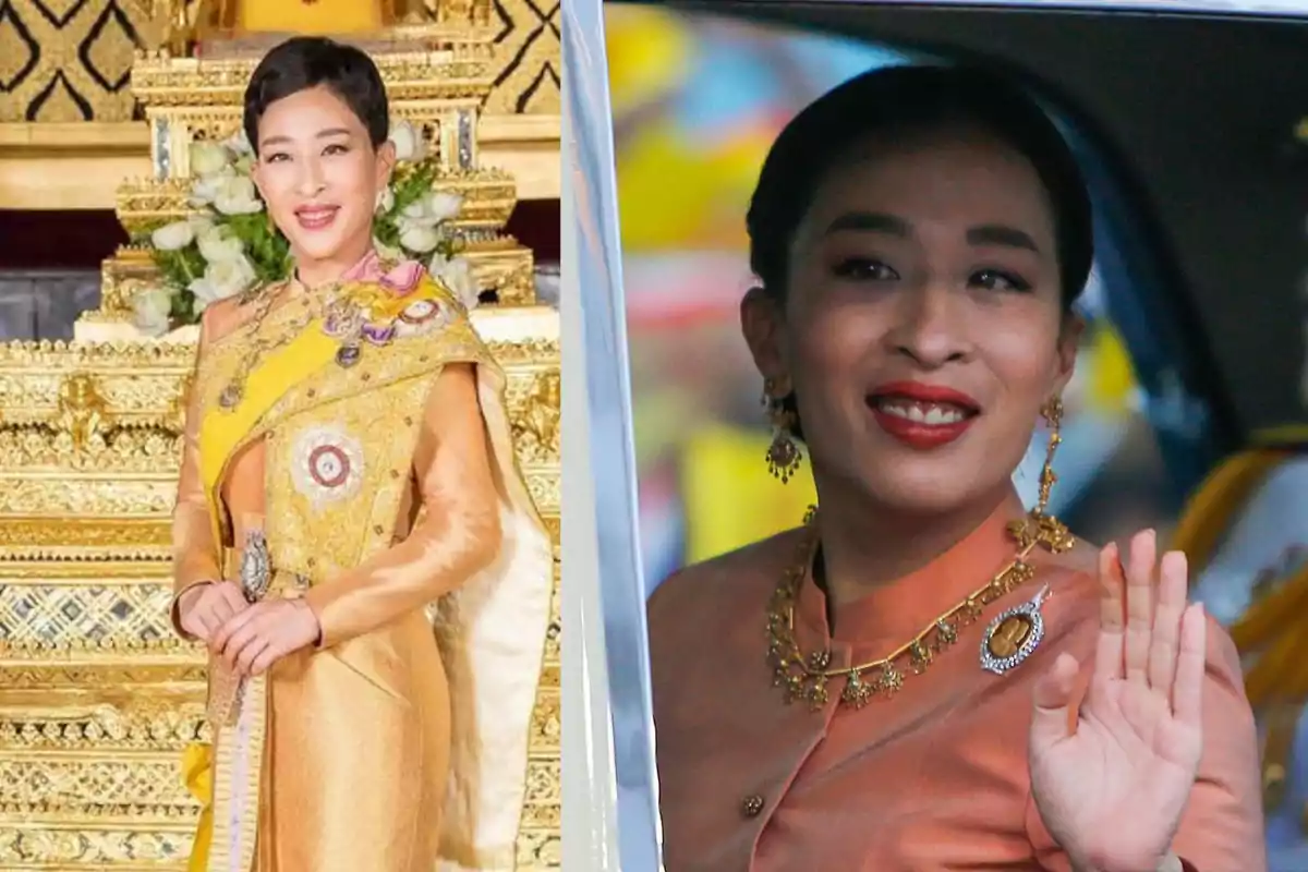 Dos imágenes de una mujer con vestimenta tradicional tailandesa, en la primera está de pie sonriendo y en la segunda saluda desde un vehículo Dos imágenes de una mujer con vestimenta tradicional tailandesa, en la primera está de pie sonriendo y en la segunda saluda desde un vehículo