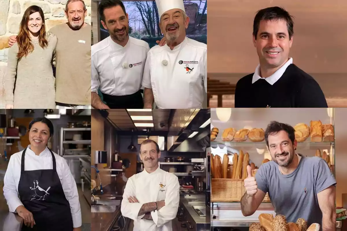 Seis personas posan en diferentes ambientes relacionados con la gastronomía, algunas en cocinas, otras en panaderías y una frente a una pared de piedra, todas sonrientes y en actitud amigable.