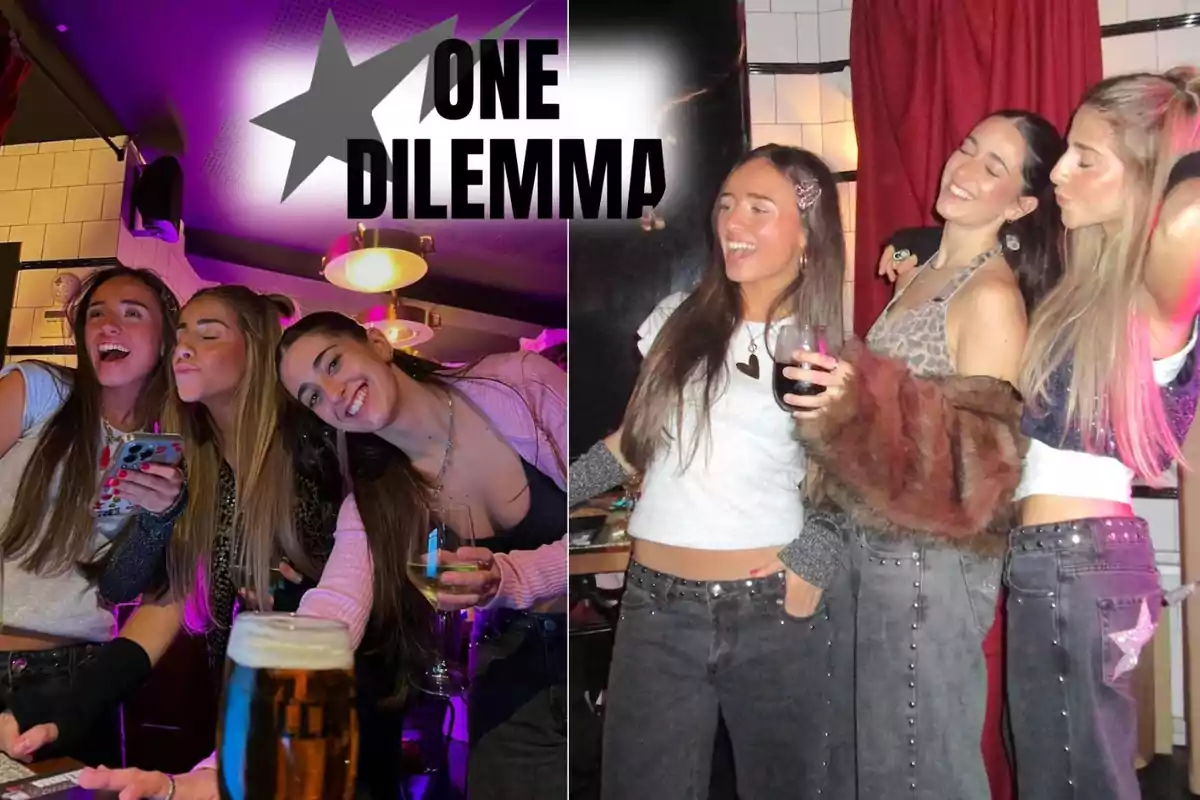 Tres chicas jóvenes posan y se divierten en un bar con luces de colores y bebidas, mientras en la parte superior aparece el texto One Dilemma sobre un fondo con una estrella.