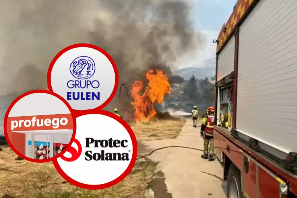 Bomberos combatiendo un incendio forestal con un camión de bomberos mientras aparecen los logotipos de Grupo Eulen, Profuego y Protec Solana en círculos superpuestos
