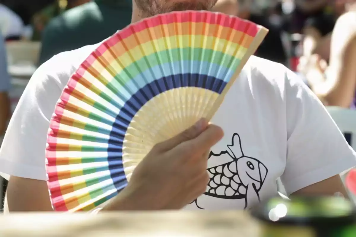 Persona sosteniendo un abanico de colores del arcoíris frente a su rostro mientras viste una camiseta blanca con el dibujo de un pez Persona sosteniendo un abanico de colores del arcoíris frente a su rostro mientras viste una camiseta blanca con el dibujo de un pez