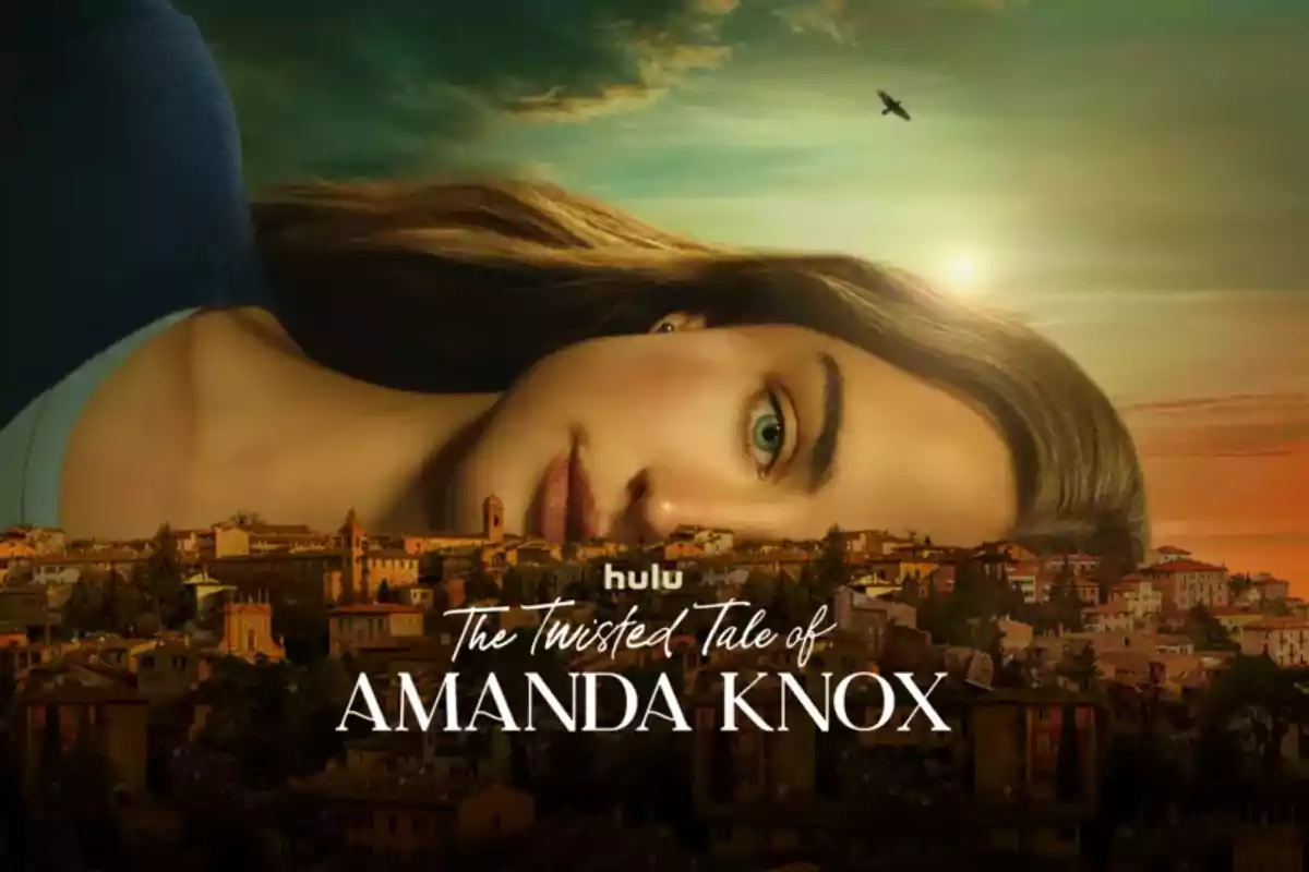 Una mujer recostada con el rostro sobre una ciudad al atardecer y el texto The Twisted Tale of Amanda Knox de Hulu Una mujer recostada con el rostro sobre una ciudad al atardecer y el texto The Twisted Tale of Amanda Knox de Hulu