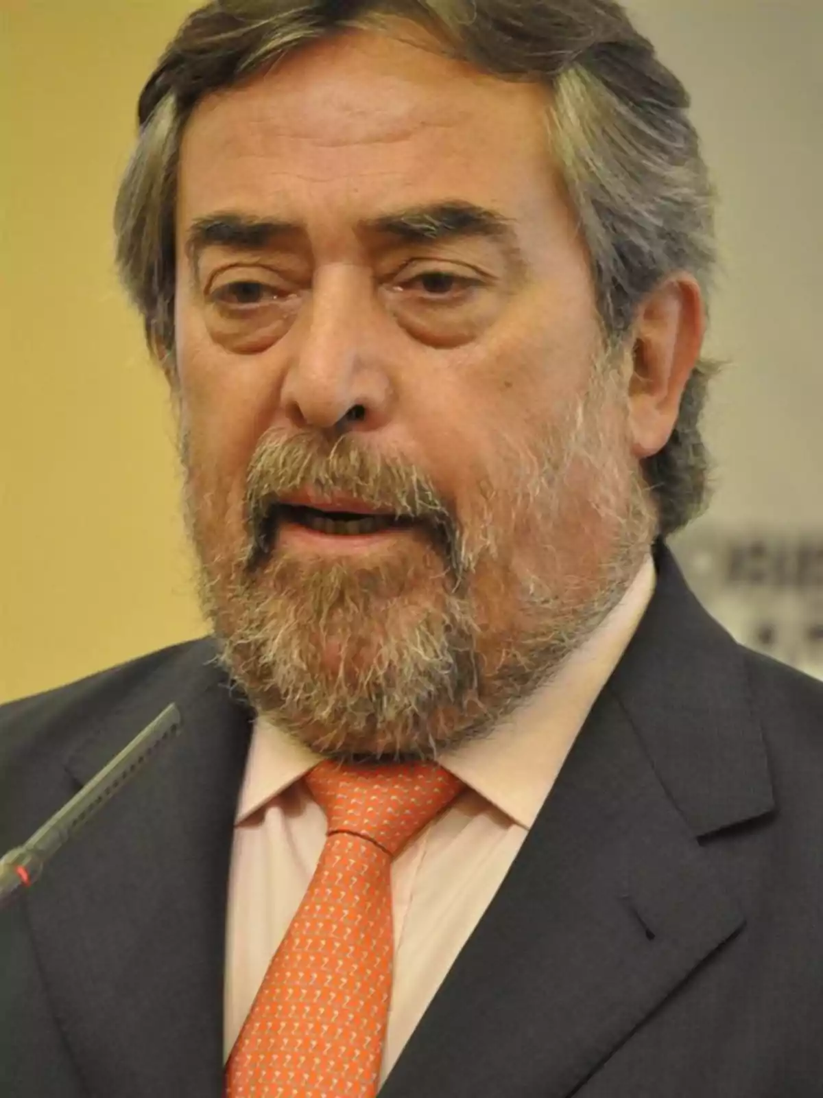 Hombre de cabello canoso y barba hablando frente a un micrófono con traje oscuro y corbata naranja Hombre de cabello canoso y barba hablando frente a un micrófono con traje oscuro y corbata naranja