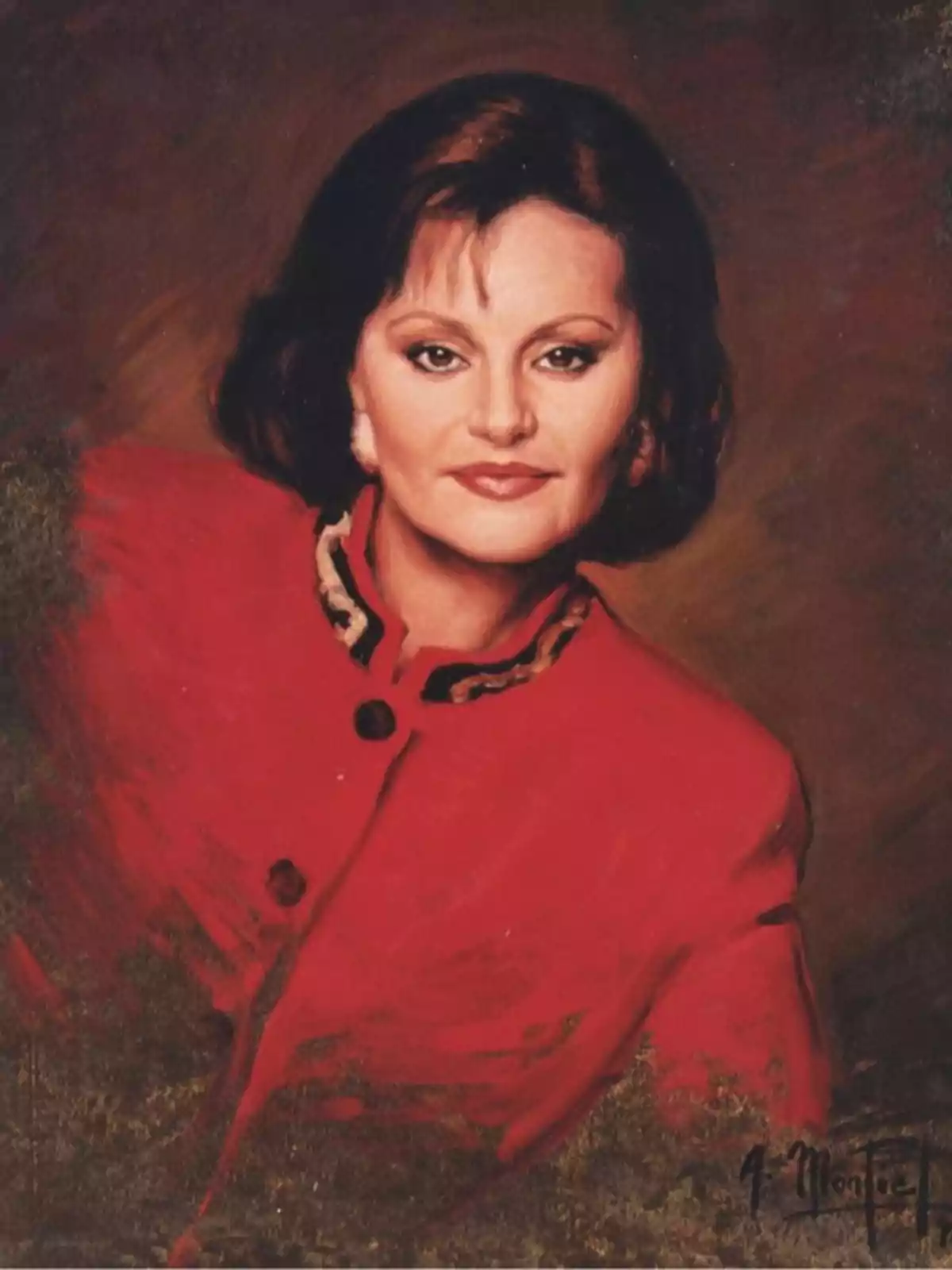 Retrato pintado de una mujer de cabello oscuro con chaqueta roja y fondo marrón Retrato pintado de una mujer de cabello oscuro con chaqueta roja y fondo marrón