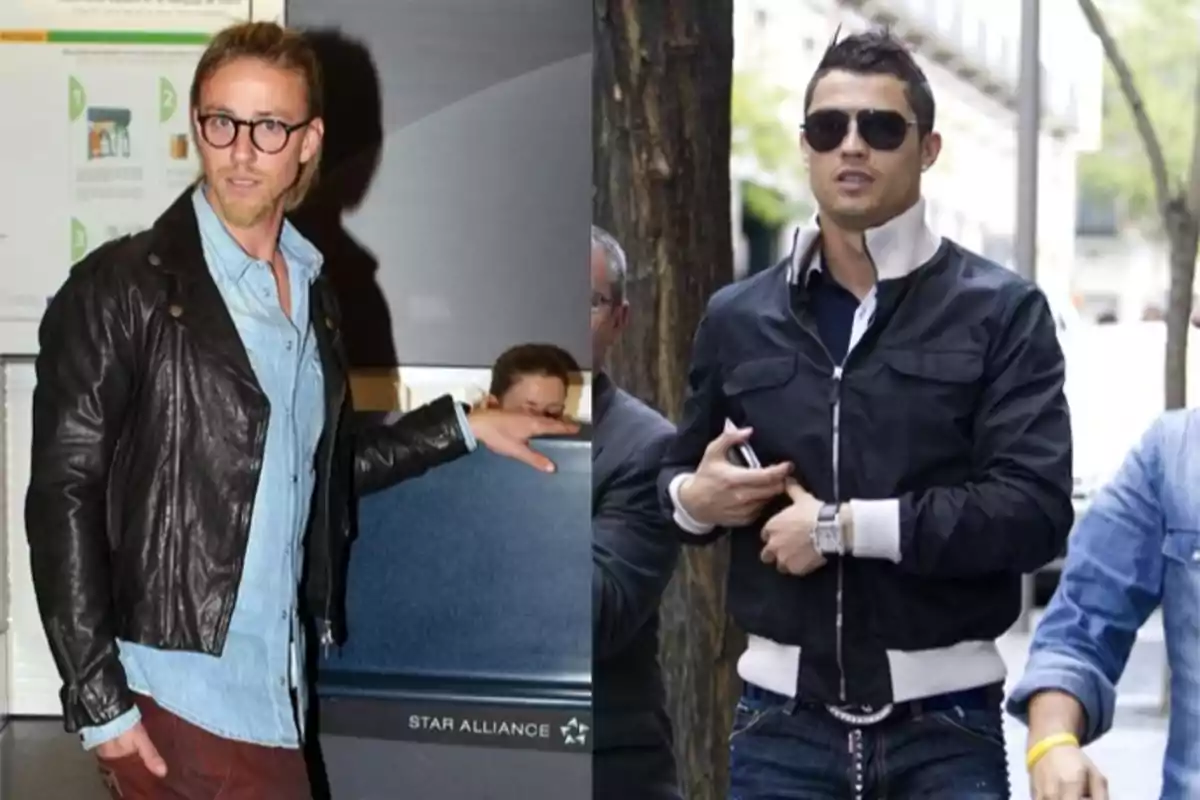 Dos hombres posan en diferentes lugares, uno lleva chaqueta de cuero negra y gafas, el otro viste chaqueta deportiva oscura y gafas de sol Dos hombres posan en diferentes lugares, uno lleva chaqueta de cuero negra y gafas, el otro viste chaqueta deportiva oscura y gafas de sol