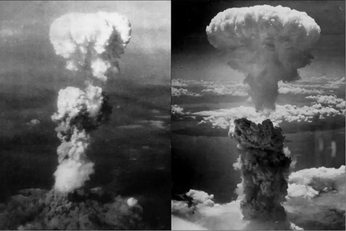 Dos grandes columnas de humo en forma de hongo se elevan sobre el horizonte en una imagen en blanco y negro Dos grandes columnas de humo en forma de hongo se elevan sobre el horizonte en una imagen en blanco y negro