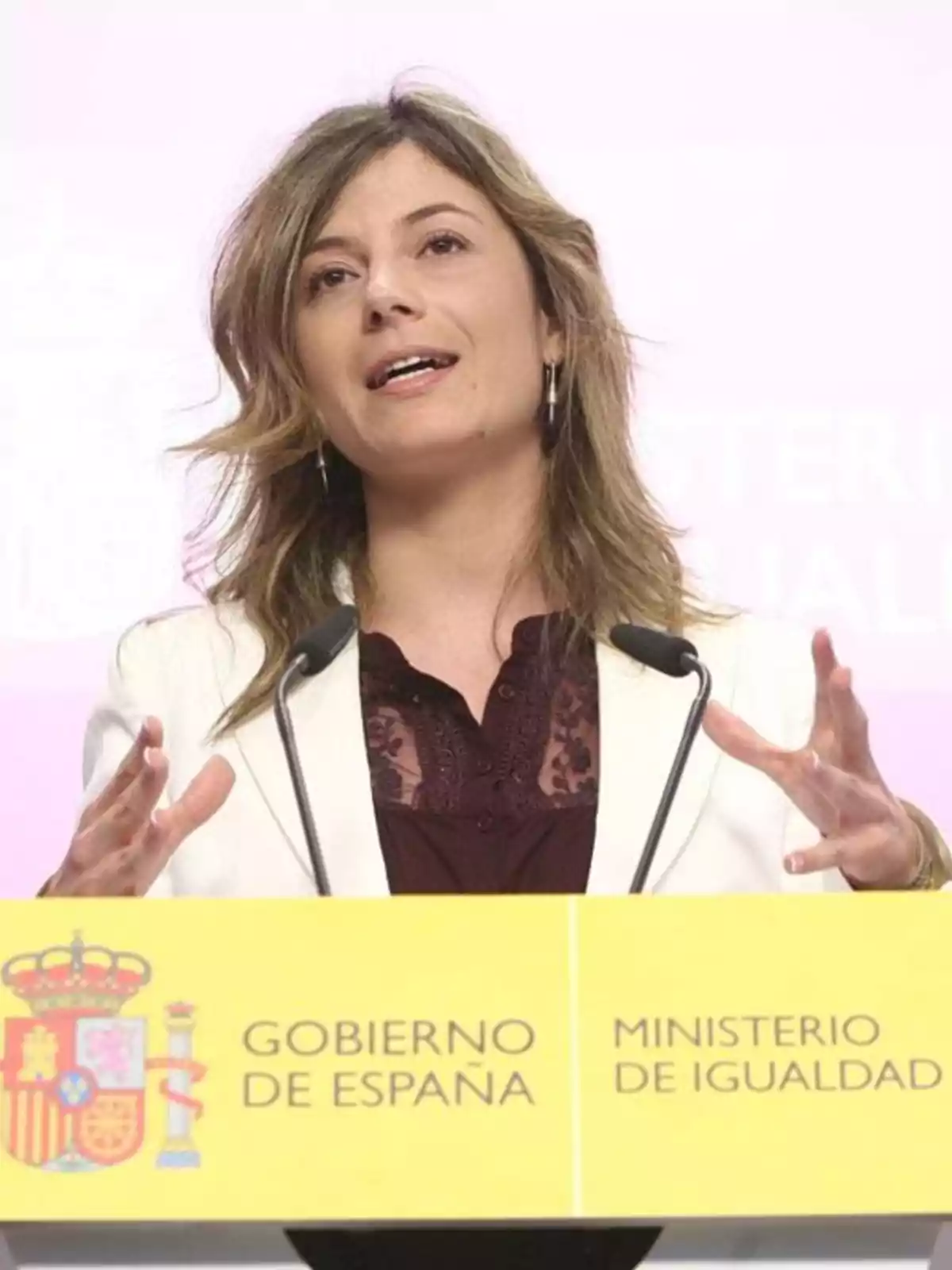 Mujer hablando en una rueda de prensa frente a un atril amarillo con el logo del Gobierno de España y el Ministerio de Igualdad Mujer hablando en una rueda de prensa frente a un atril amarillo con el logo del Gobierno de España y el Ministerio de Igualdad