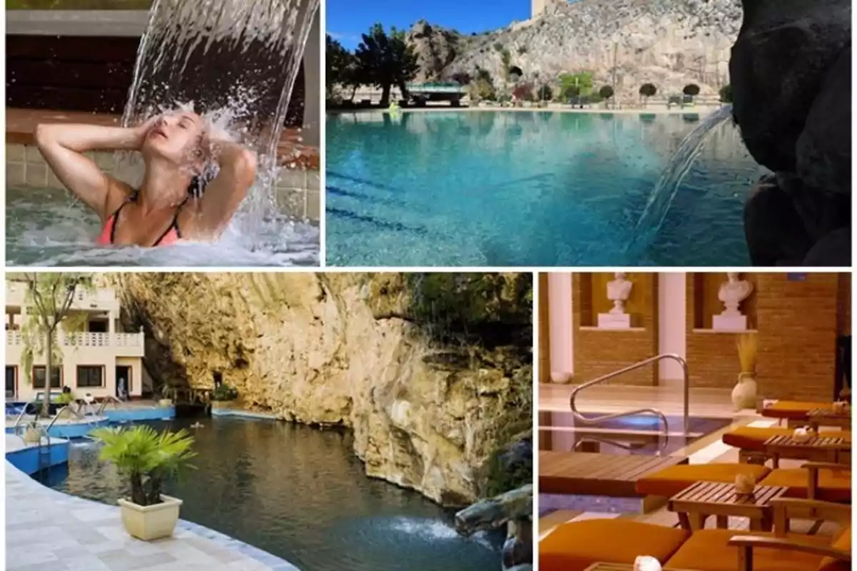 Collage de balnearios con piscinas termales, una mujer disfrutando de una cascada de agua, piscinas al aire libre rodeadas de naturaleza y una zona de descanso con camastros junto a una piscina interior Collage de balnearios con piscinas termales, una mujer disfrutando de una cascada de agua, piscinas al aire libre rodeadas de naturaleza y una zona de descanso con camastros junto a una piscina interior