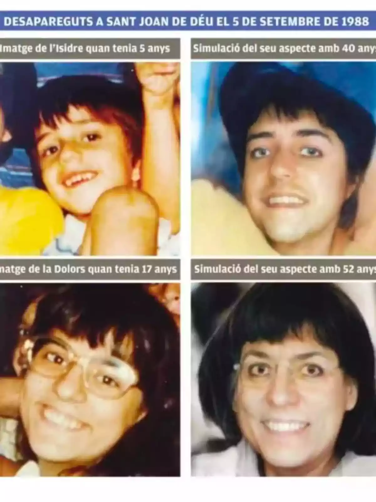 Cuatro fotografías comparativas de dos personas desaparecidas, mostrando imágenes de su infancia y simulaciones de cómo se verían de adultos Cuatro fotografías comparativas de dos personas desaparecidas, mostrando imágenes de su infancia y simulaciones de cómo se verían de adultos