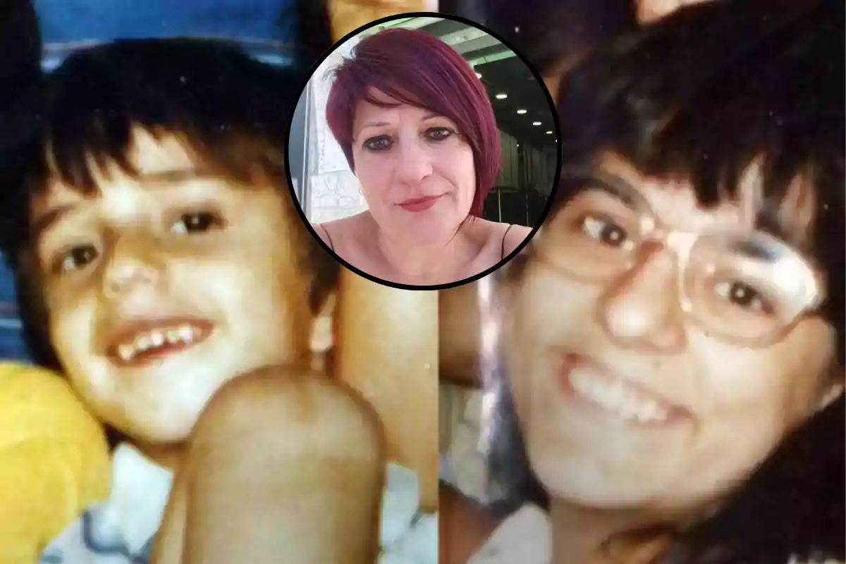 Fotografía compuesta que muestra a dos niños sonriendo en una imagen antigua y en el centro un retrato actual de una mujer de cabello corto y rojizo