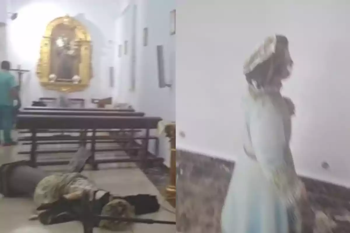 Dos imágenes muestran una iglesia, en la primera hay una figura caída en el suelo y en la segunda una figura vestida con ropa antigua de pie junto a una pared blanca.