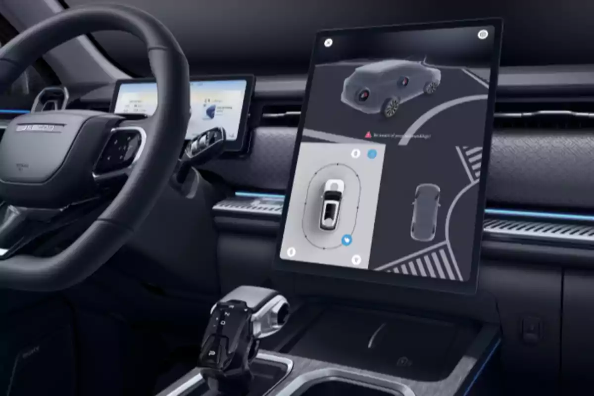 Interior de un automóvil moderno con una gran pantalla táctil central mostrando un sistema de asistencia de estacionamiento y un volante multifunción Interior de un automóvil moderno con una gran pantalla táctil central mostrando un sistema de asistencia de estacionamiento y un volante multifunción