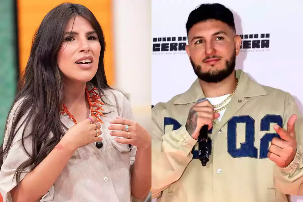Una mujer de cabello largo y oscuro con collar naranja y camisa clara está a la izquierda, mientras que un hombre con barba y cabello corto, vestido con chaqueta beige y cadenas doradas, sostiene un micrófono a la derecha.