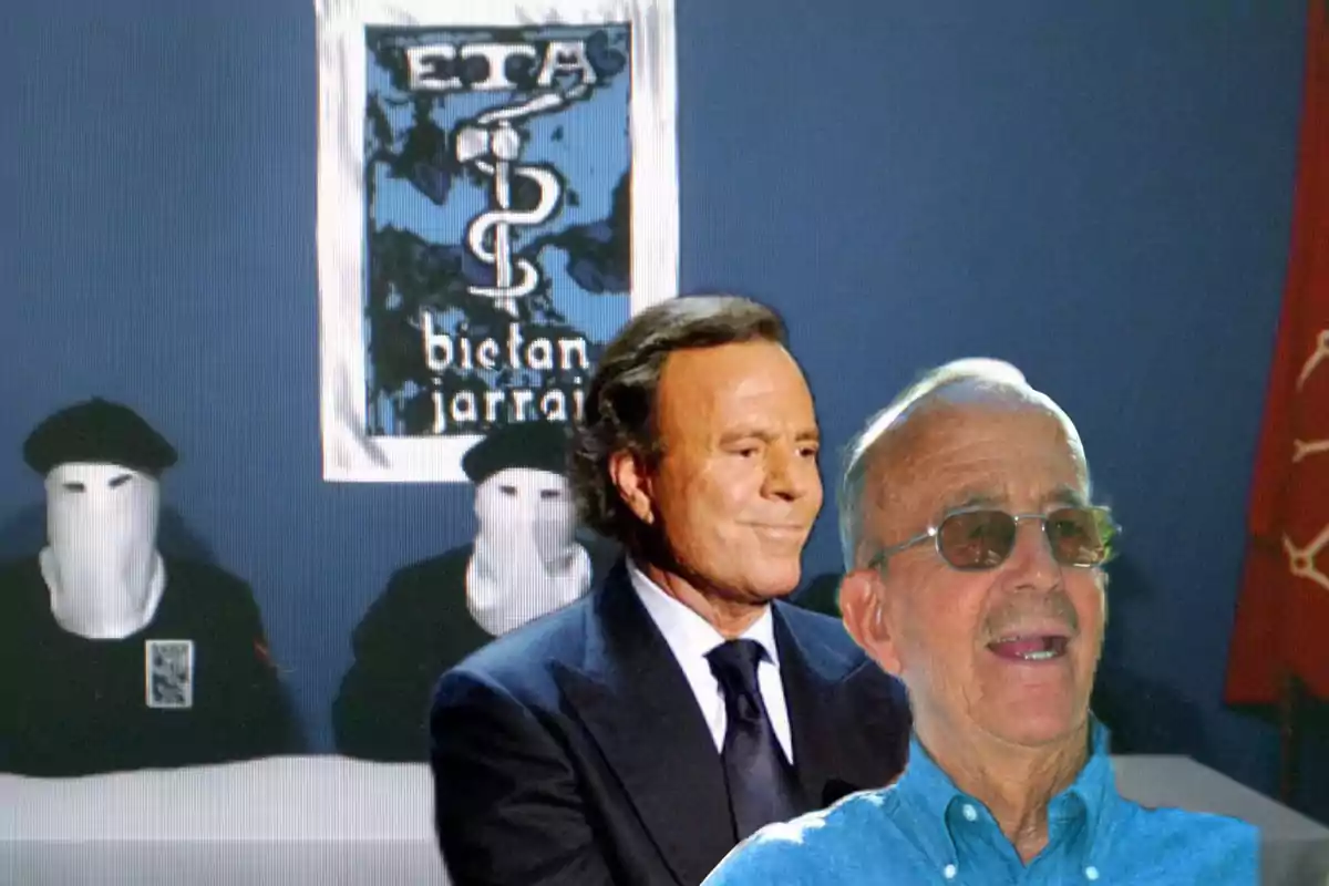 Dos hombres sonrientes están superpuestos frente a una imagen de fondo con personas encapuchadas y un cartel en la pared.