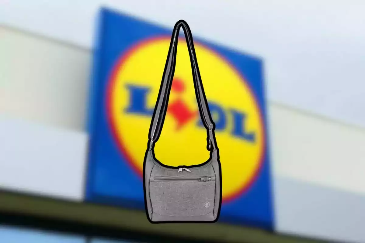 Bolso gris con correa larga frente a un cartel borroso de una tienda Lidl Bolso gris con correa larga frente a un cartel borroso de una tienda Lidl