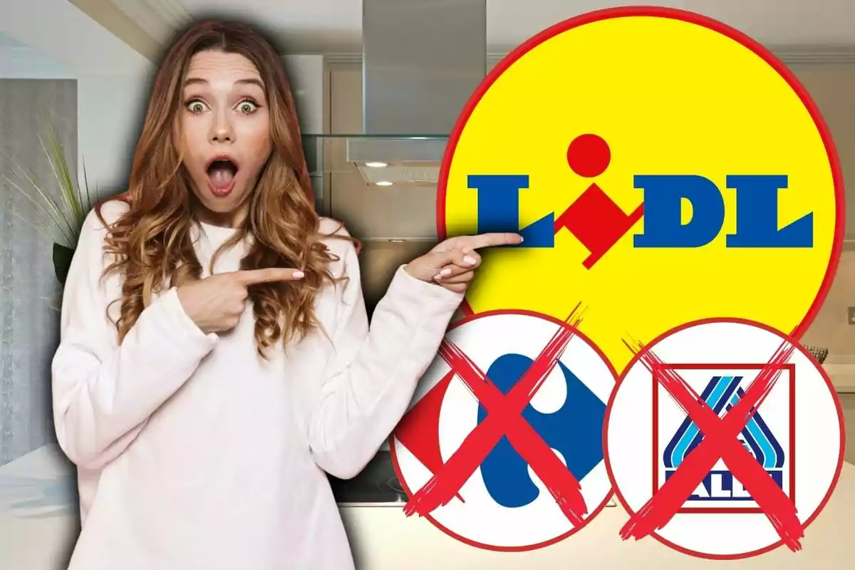 Mujer sorprendida señalando el logo de Lidl mientras los logos de Carrefour y Aldi aparecen tachados