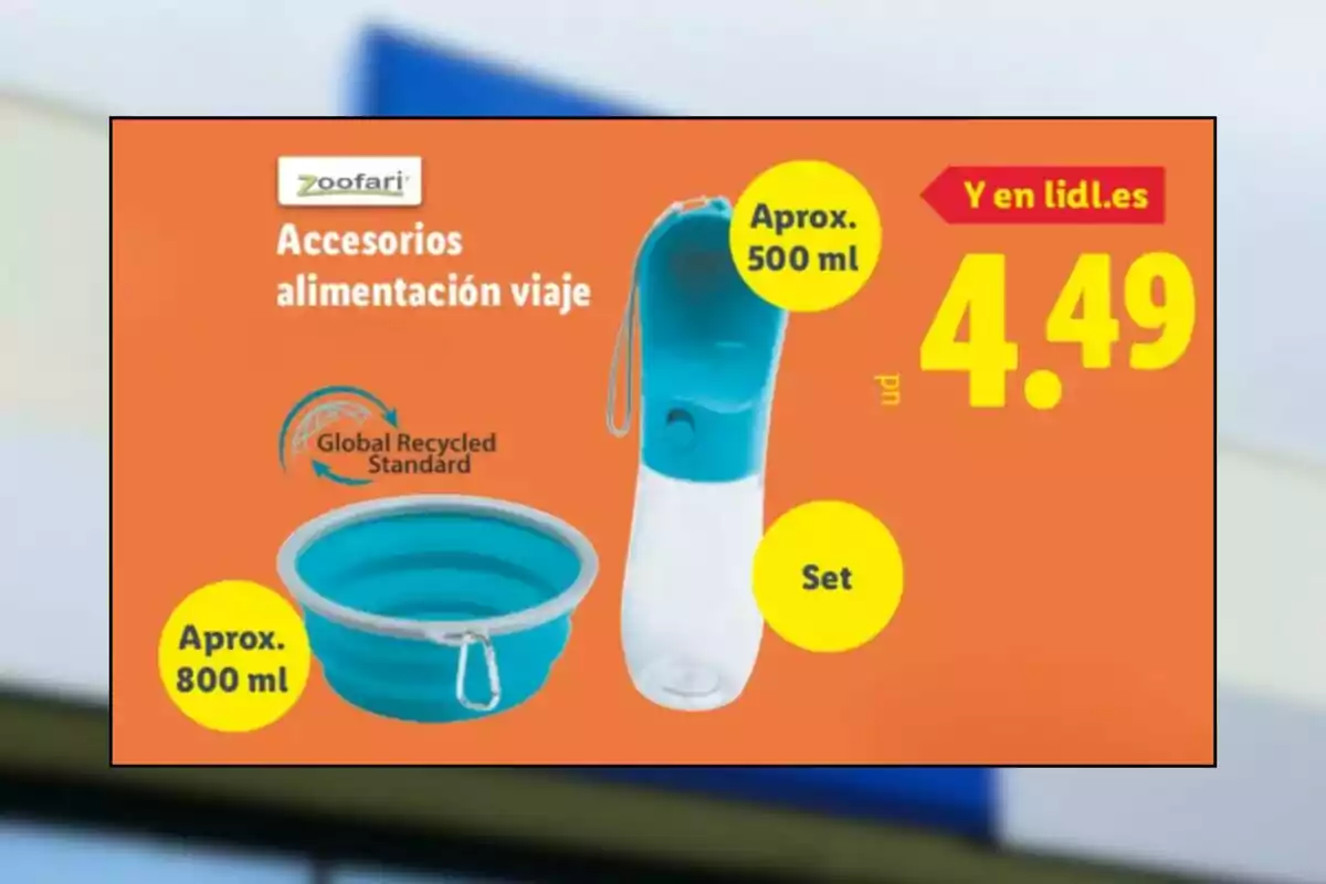 Publicidad de un set de accesorios de alimentación para viaje de la marca Zoofari que incluye un bebedero portátil de 500 ml y un recipiente plegable de 800 ml con precio de 4,49 euros en Lidl Publicidad de un set de accesorios de alimentación para viaje de la marca Zoofari que incluye un bebedero portátil de 500 ml y un recipiente plegable de 800 ml con precio de 4,49 euros en Lidl